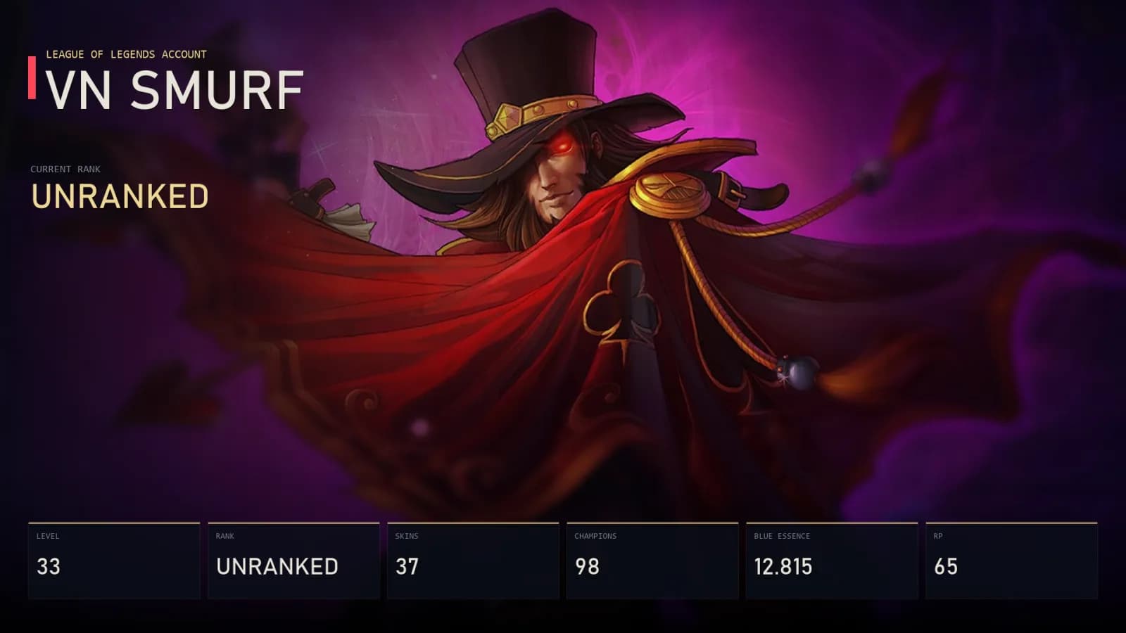VN | The Magnificent Twisted Fate | Surprise Party Fiddlesticks | Glacial Malphite | Dragon Fist Lee Sin | Unranked | 37 Skin | 98 Champion — Hauptvorschau