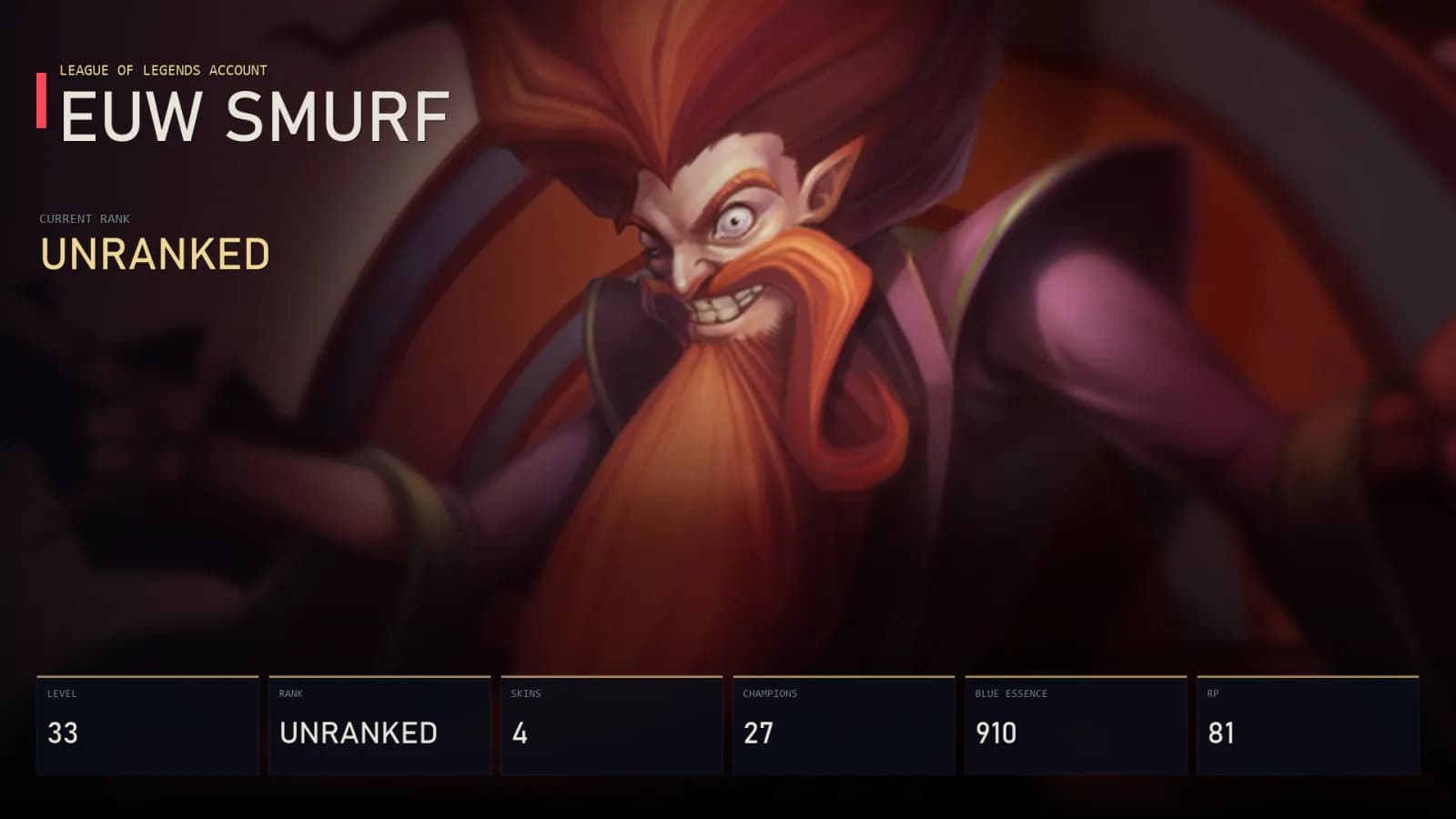 EUW | Lv33 | Unranked | 4 Skin | 27 Champion — main preview