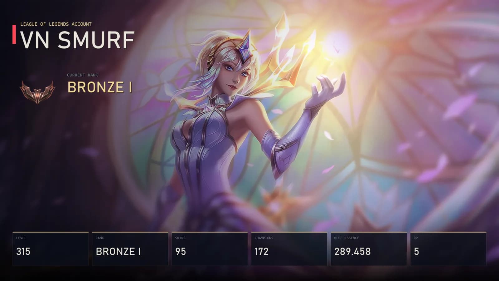 VN | Elementalist Lux | Battle Bunny Miss Fortune | Gentleman Cho'Gath | Fright Night Veigar | God Fist Lee Sin | Bronze I | 95 Skin | 172 Champion — anteprima principale