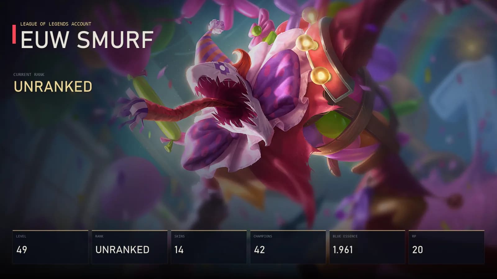 EUW | Lv49 | Unranked | 14 Skin | 42 Champion — main preview