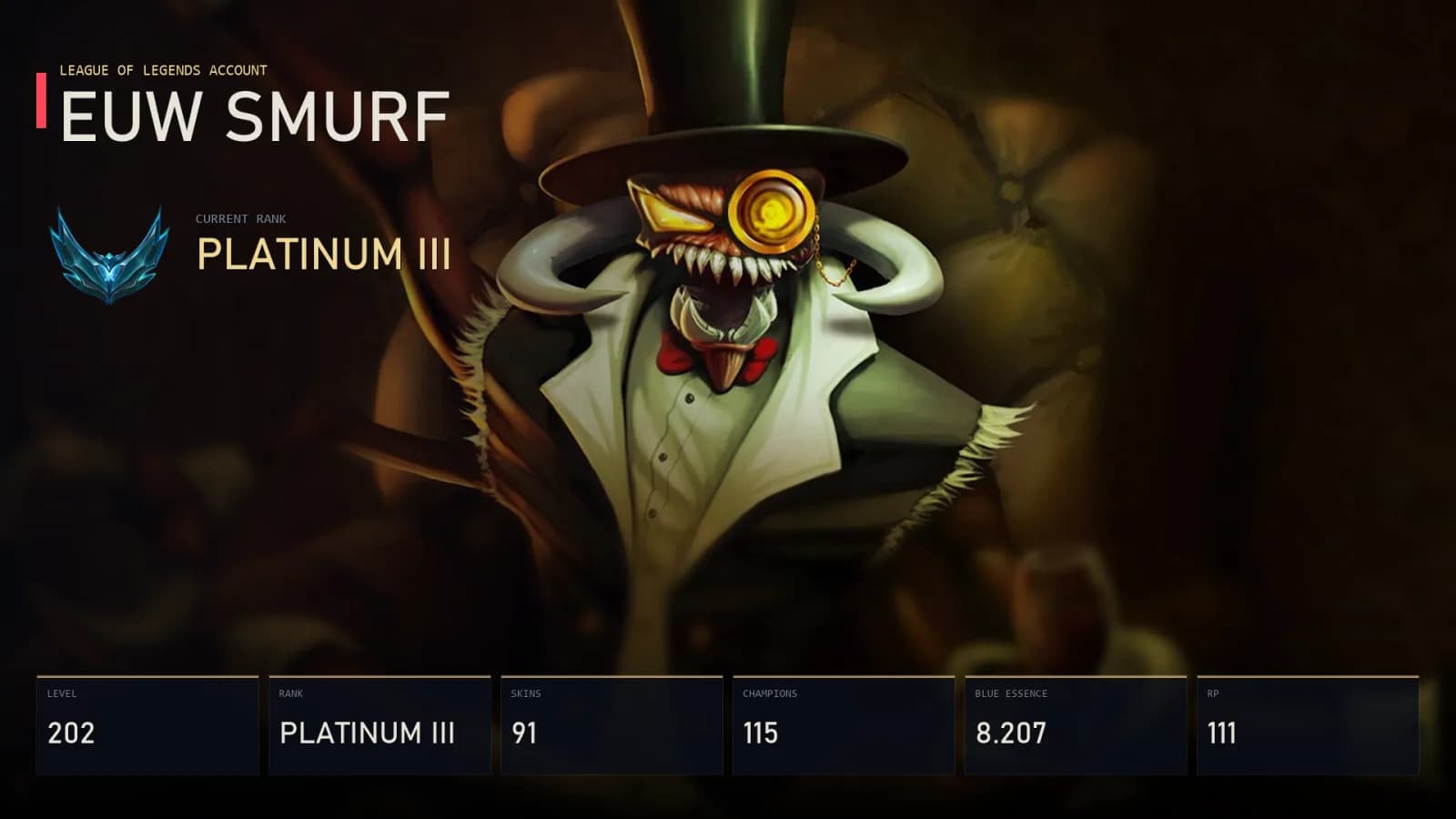 EUW | Lv202 | Platinum III | 91 Skin | 115 Champion — main preview