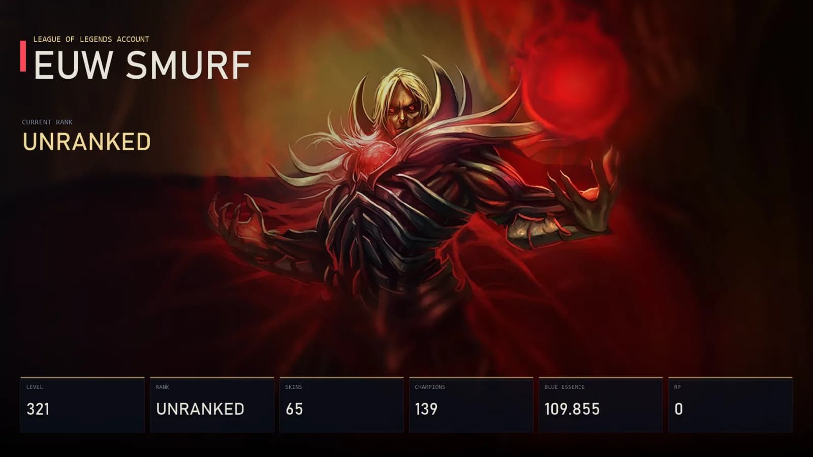 EUW | Lv321 | Unranked | 65 Skin | 139 Champion — メインプレビュー