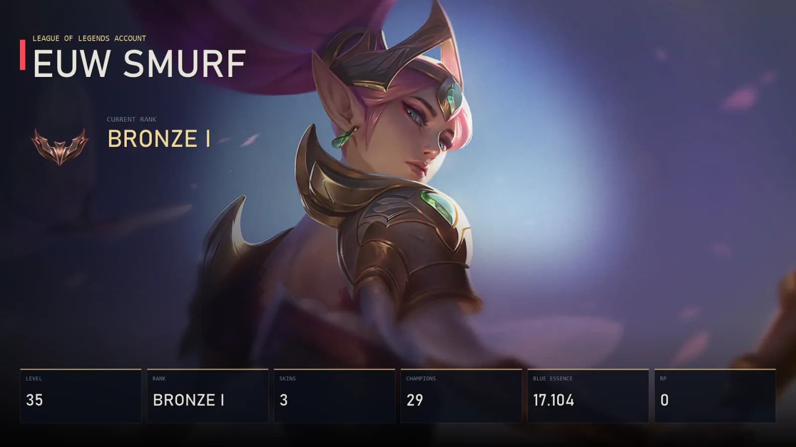EUW | Lv35 | Bronze I | 3 Skin | 29 Champion — main preview