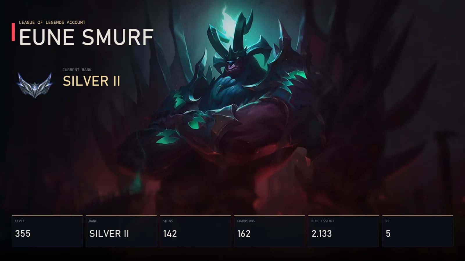 EUNE | Lv355 | Silver II | 142 Skin | 162 Champion — main preview