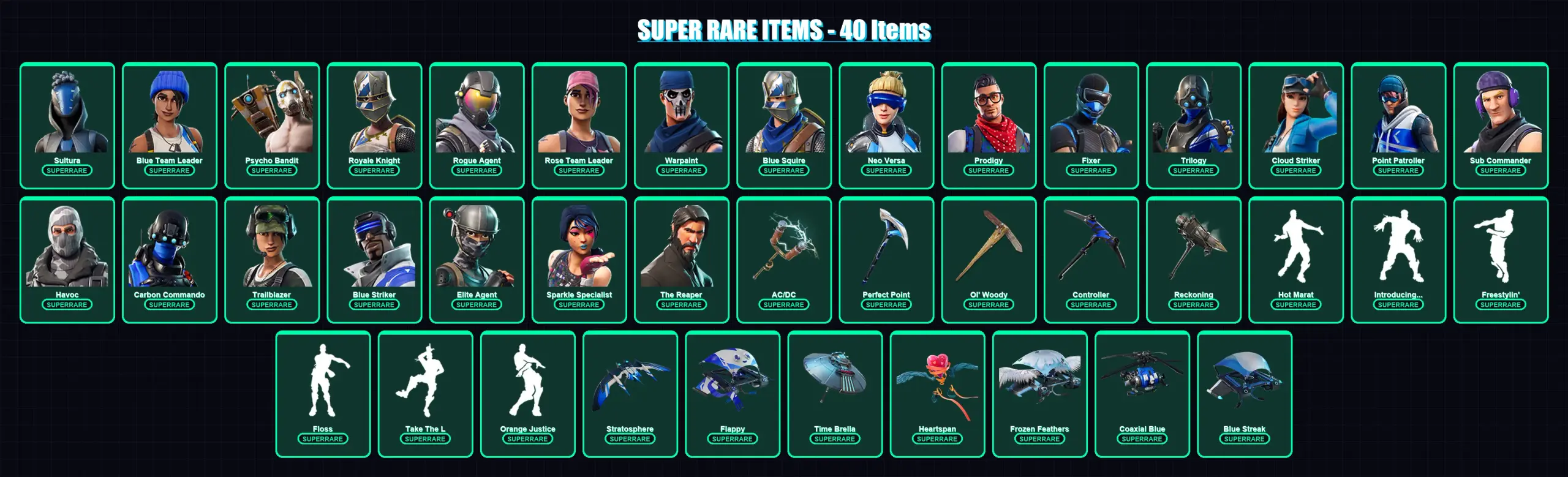 [PC/XBOX/PSN] | Sultura | Blue Team Leader | Psycho Bandit | Royale Knight | Rogue Agent | 209 skin | 201 pickaxe | 172 emote | 184 glider | Lv2342 — ana önizleme