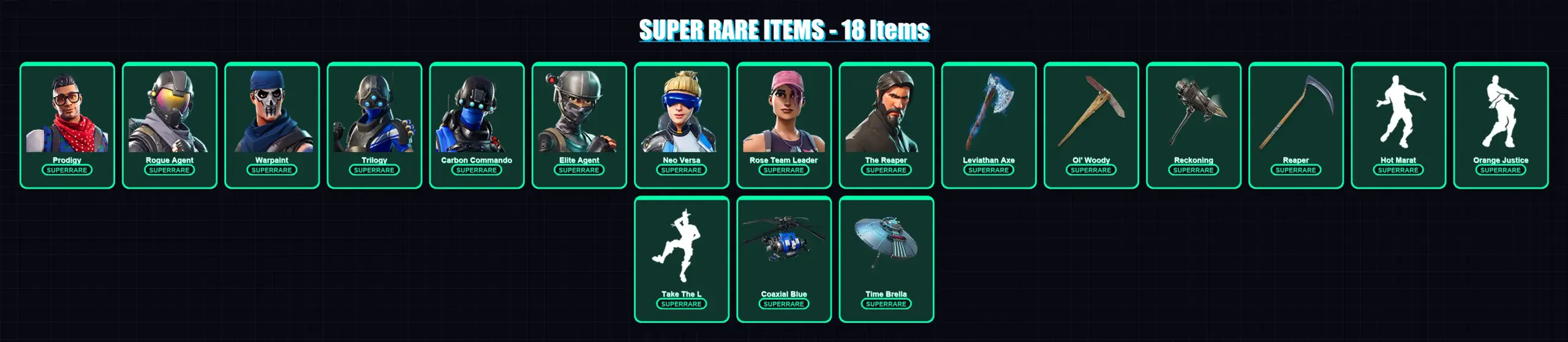 [PC] | Prodigy | Rogue Agent | Warpaint | Trilogy | Carbon Commando | 271 skin | 190 pickaxe | 208 emote | 159 glider | Lv2268 | Elite Agent — main preview