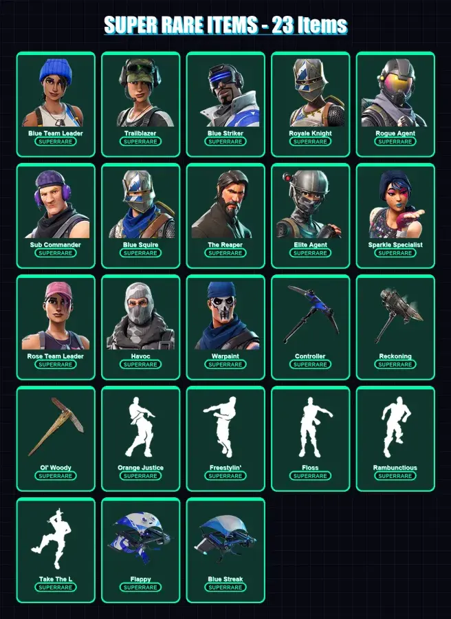 [PS4/PS5/XBOX/PC] | Blue Team Leader | Trailblazer | Blue Striker | Royale Knight | Rogue Agent | 94 skin | 37 pickaxe | 64 emote | 36 glider | Lv45 — ana önizleme