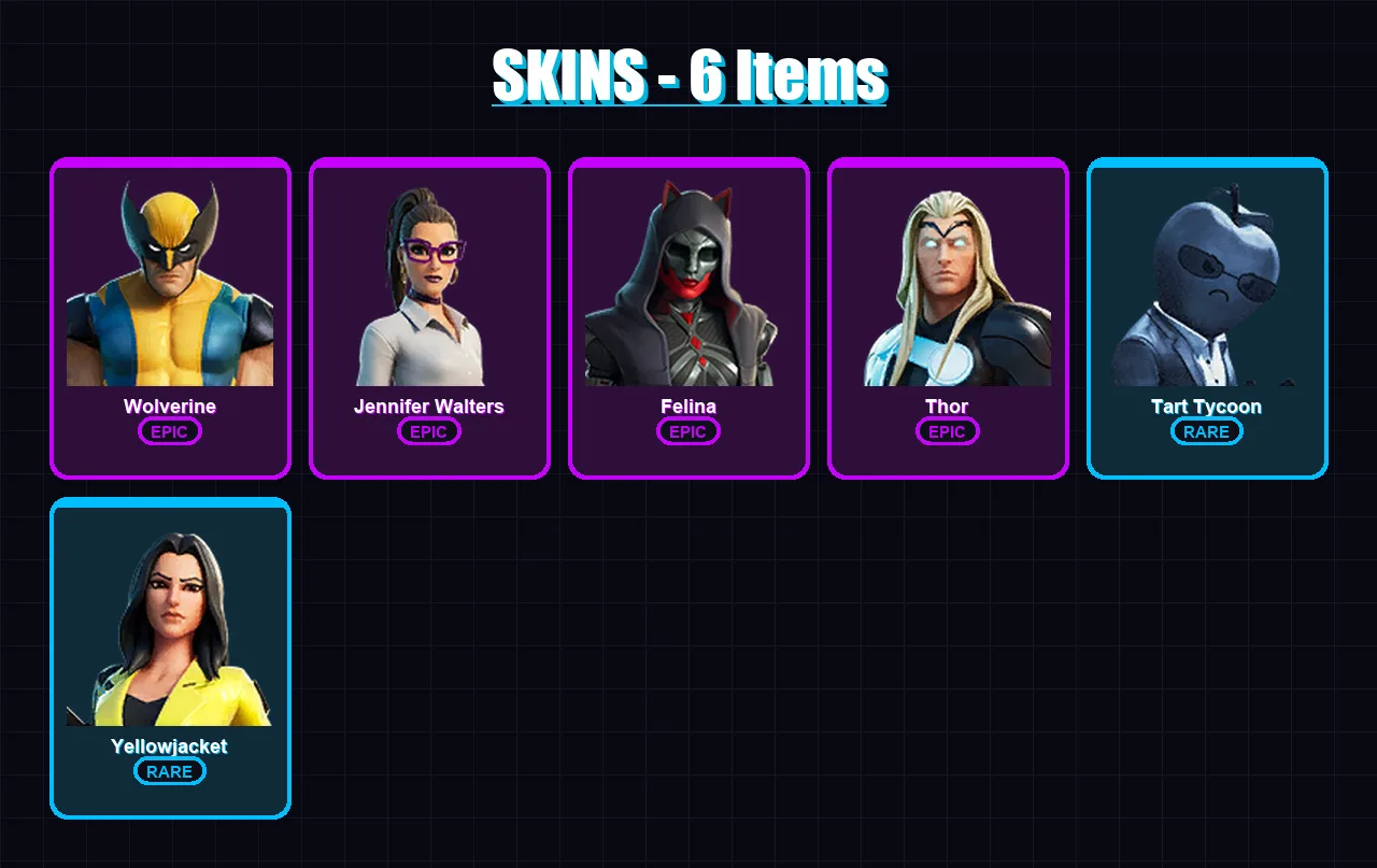[PC/XBOX/PSN] | Wolverine | Jennifer Walters | Felina | Thor | Tart Tycoon | 6 skin | 14 pickaxe | 9 emote | 11 glider | Lv222