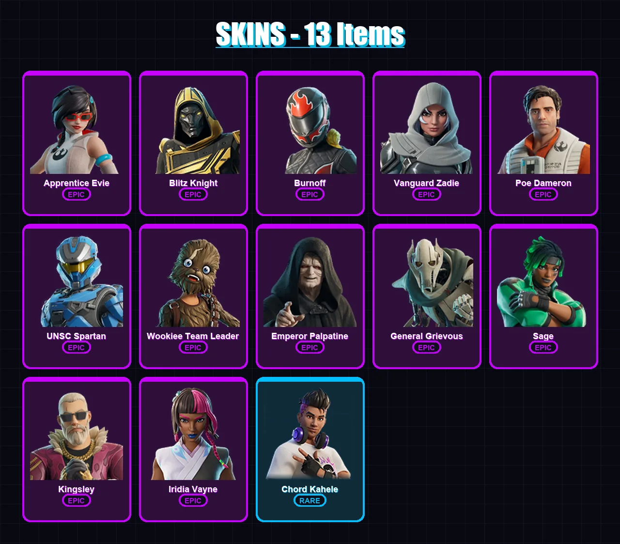 [PS4/PS5/XBOX/PC] | Apprentice Evie | Blitz Knight | Burnoff | Vanguard Zadie | Poe Dameron | 13 skin | 44 pickaxe | 19 emote | 32 glider | Lv488