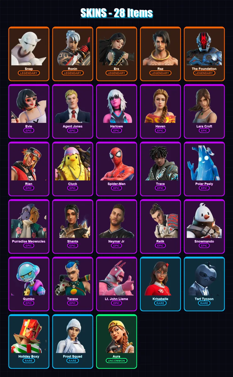 [PC/XBOX] | Snap | Ronin | Era | Raz | The Foundation | 28 skin | 44 pickaxe | 35 emote | 49 glider | Lv768 — Fortnite account