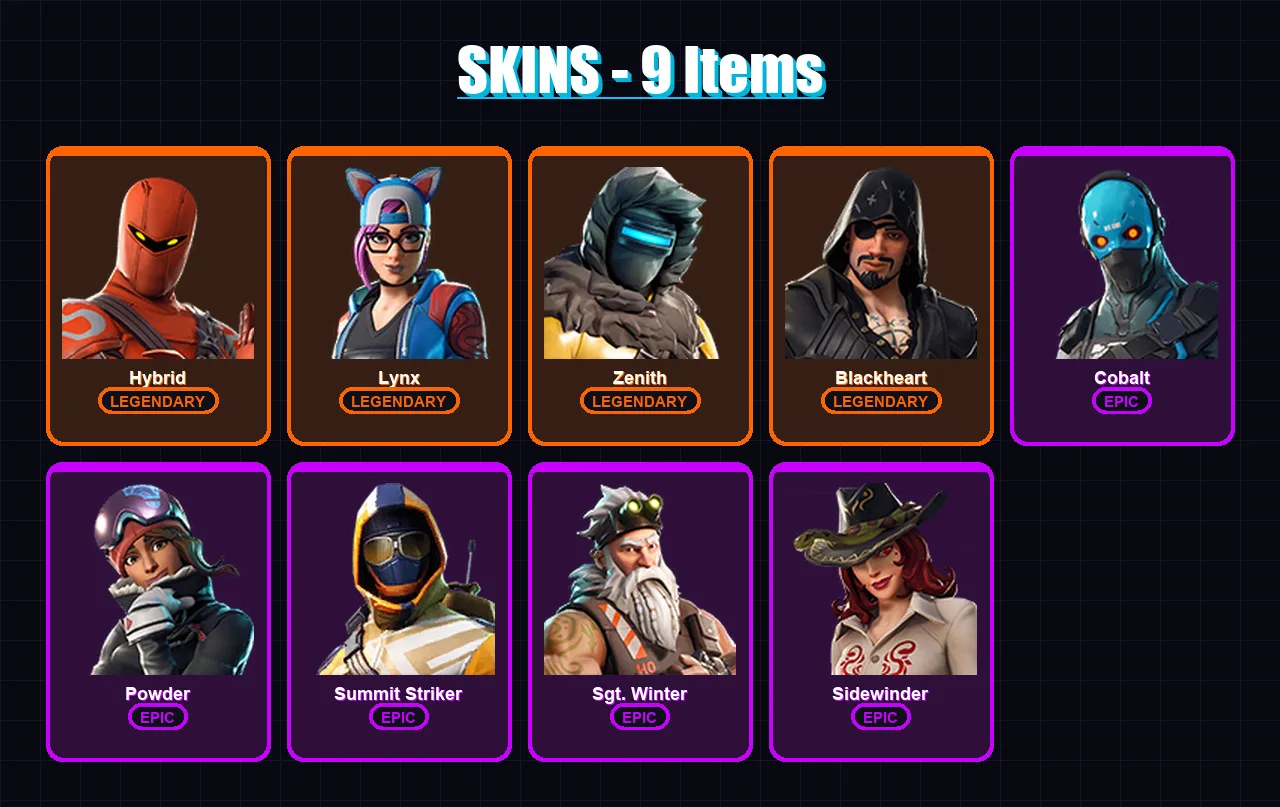 [PS4/PS5/XBOX/PC] | Hybrid | Lynx | Zenith | Blackheart | Cobalt | 9 skin | 7 pickaxe | 18 emote | 9 glider | Lv119