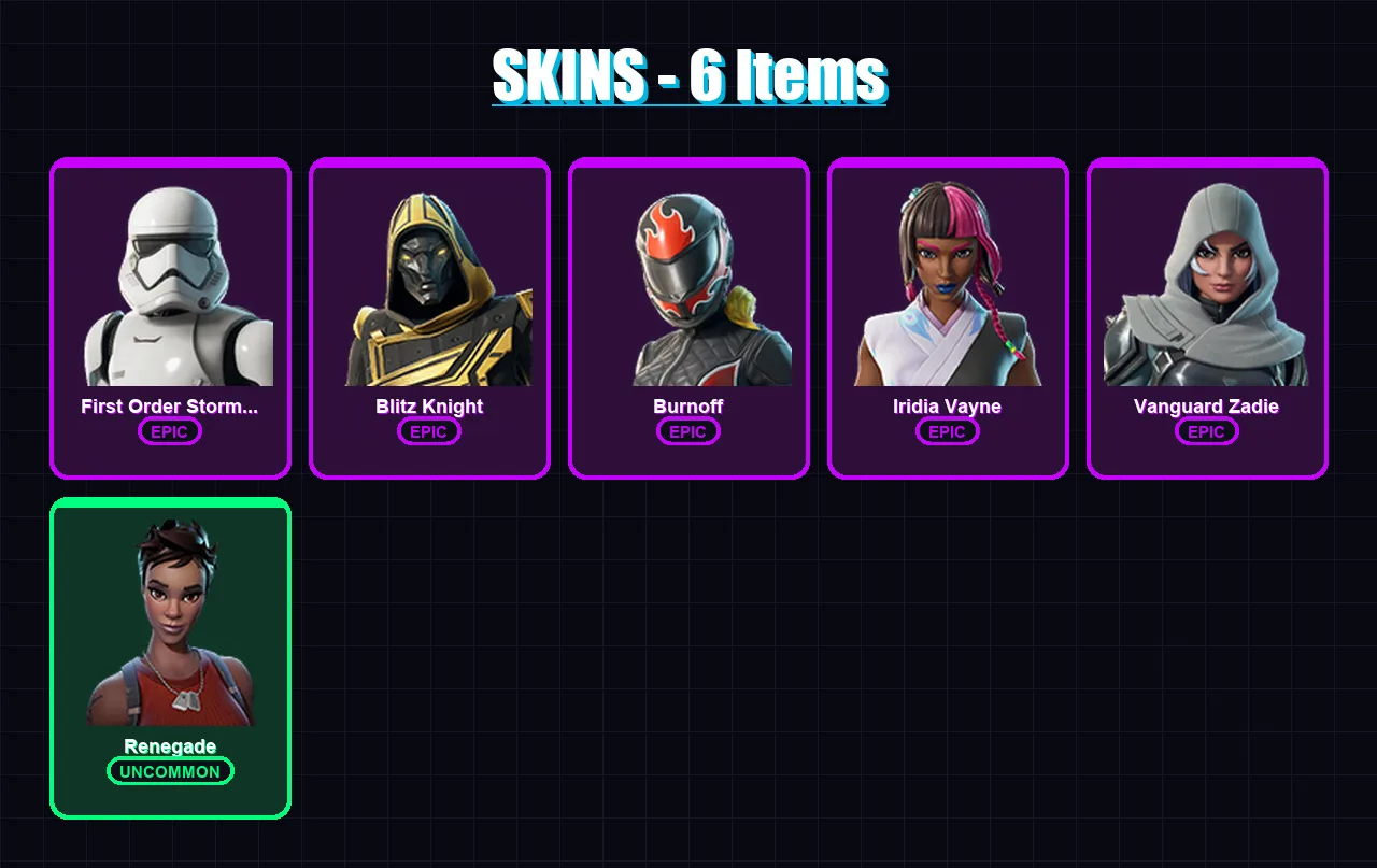 [PC/PSN] | First Order Stormtrooper | Blitz Knight | Burnoff | Iridia Vayne | Vanguard Zadie | 6 skin | 28 pickaxe | 13 emote | 20 glider | Lv656