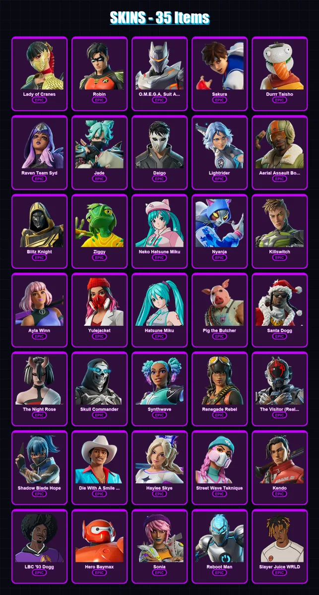 [PC/PSN] | Lady of Cranes | Robin | O.M.E.G.A. Suit Alpha | Sakura | Durrr Taisho | 35 skin | 72 pickaxe | 41 emote | 44 glider | Lv449