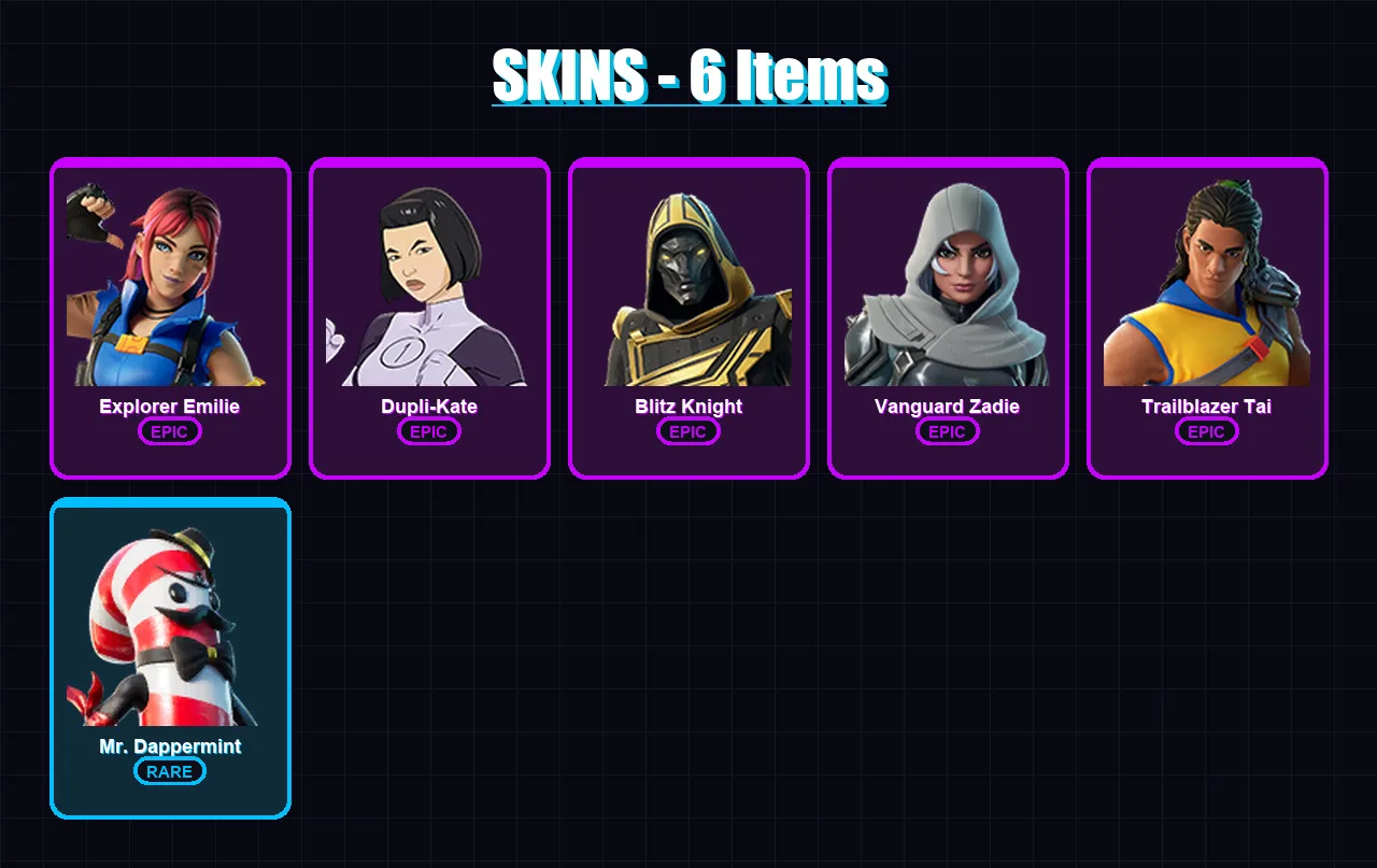 [PC/PSN] | Explorer Emilie | Dupli-Kate | Blitz Knight | Vanguard Zadie | Trailblazer Tai | 6 skin | 36 pickaxe | 16 emote | 27 glider | Lv404