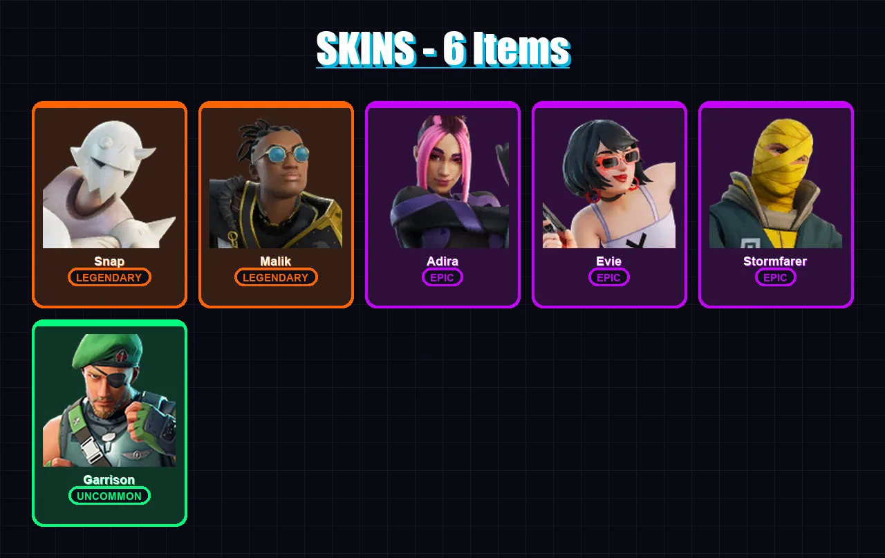 [PC/XBOX] | Snap | Malik | Adira | Evie | Stormfarer | 6 skin | 8 pickaxe | 10 emote | 12 glider | Lv212