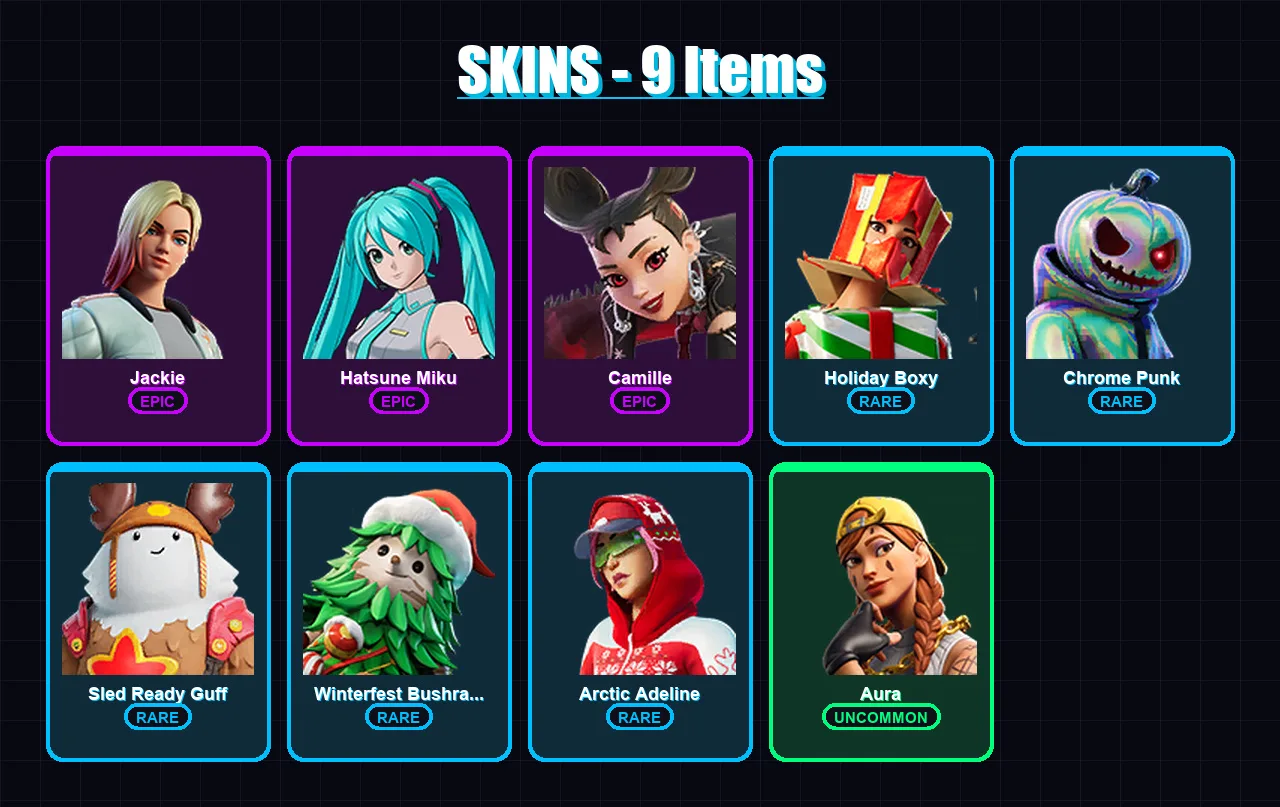 [PC] | Jackie | Hatsune Miku | Camille | Holiday Boxy | Chrome Punk | 9 skin | 38 pickaxe | 28 emote | 37 glider | Lv510