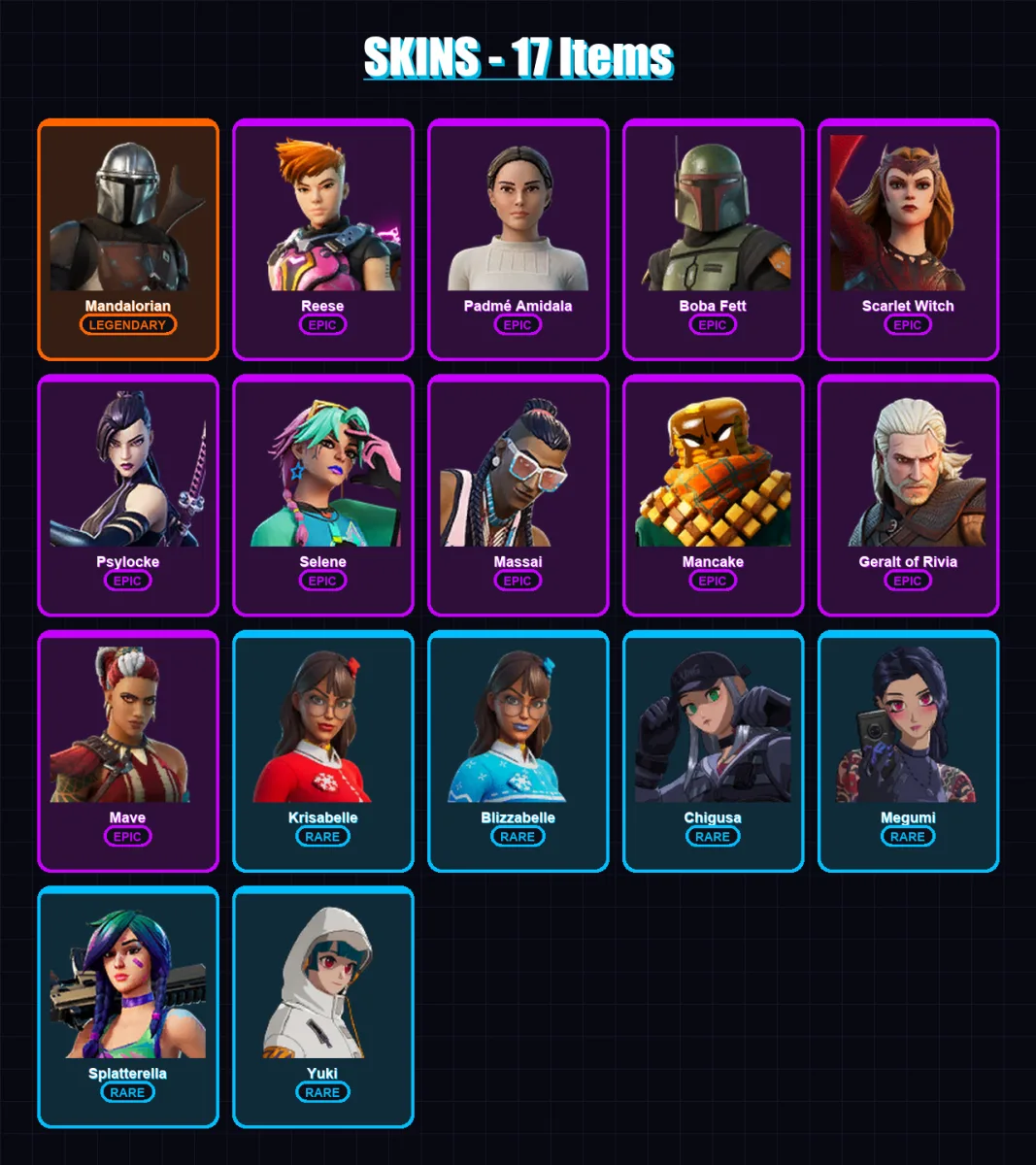 [PC/XBOX/PSN] | Mandalorian | Reese | Padmé Amidala | Boba Fett | Scarlet Witch | 17 skin | 21 pickaxe | 15 emote | 20 glider | Lv159