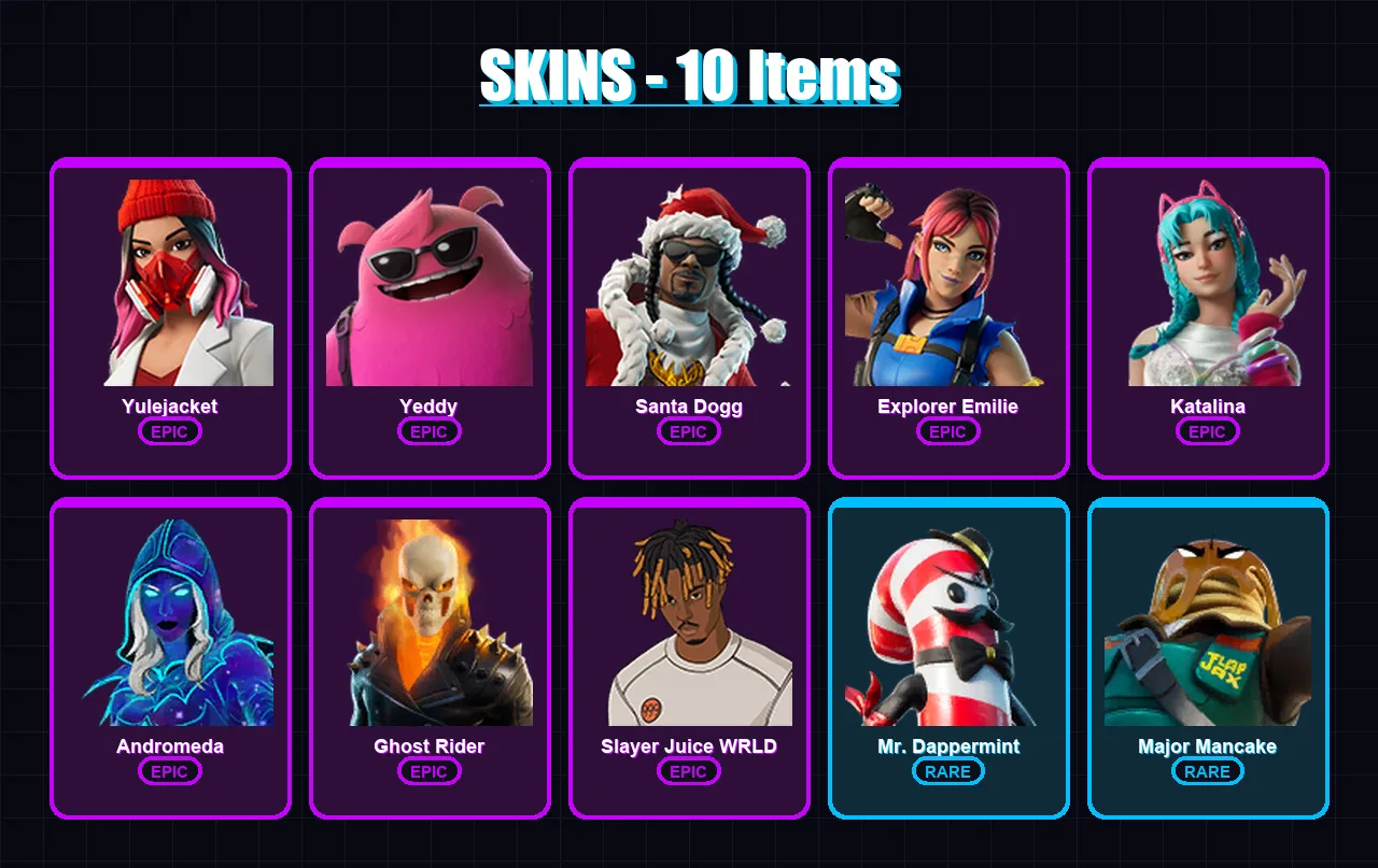 [PC/XBOX] | Yulejacket | Yeddy | Santa Dogg | Explorer Emilie | Katalina | 10 skin | 24 pickaxe | 9 emote | 12 glider | Lv195