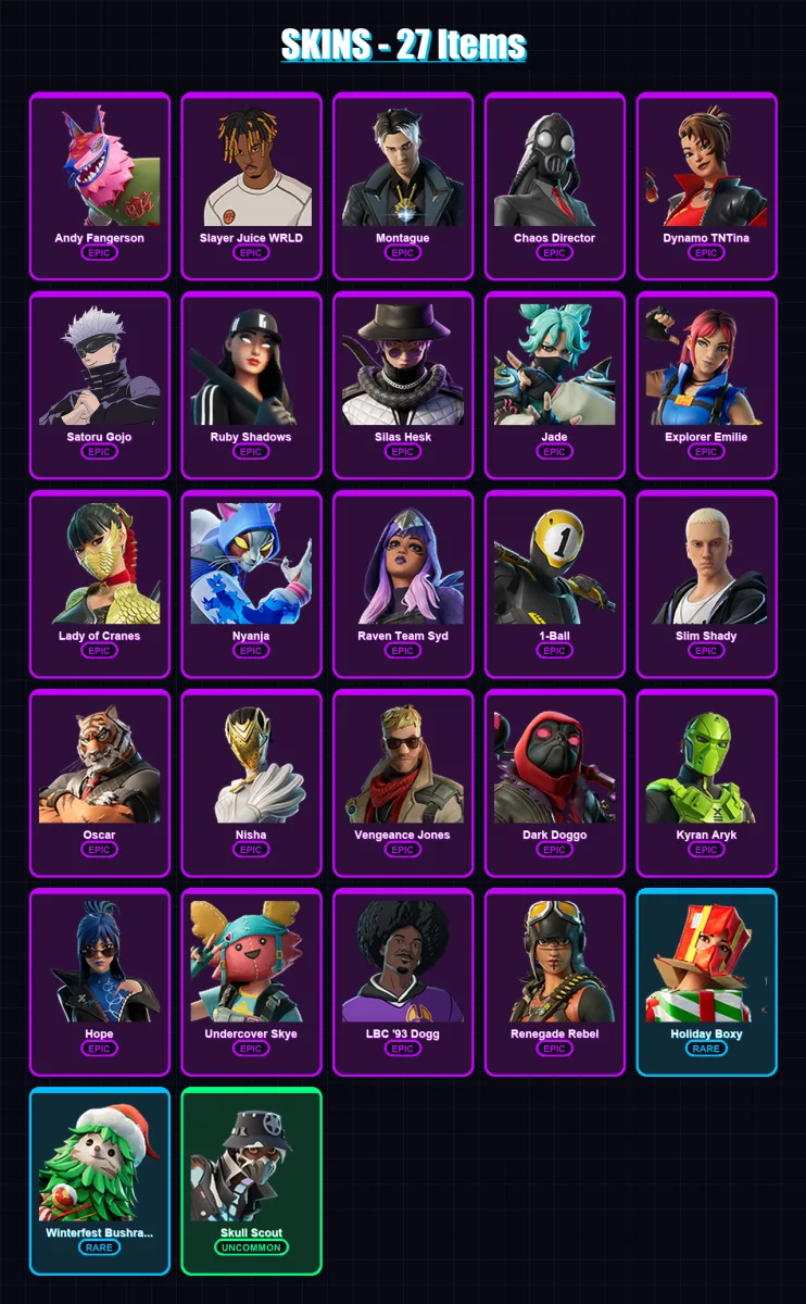 [PC/XBOX] | Andy Fangerson | Slayer Juice WRLD | Montague | Chaos Director | Dynamo TNTina | 27 skin | 38 pickaxe | 22 emote | 17 glider | Lv165