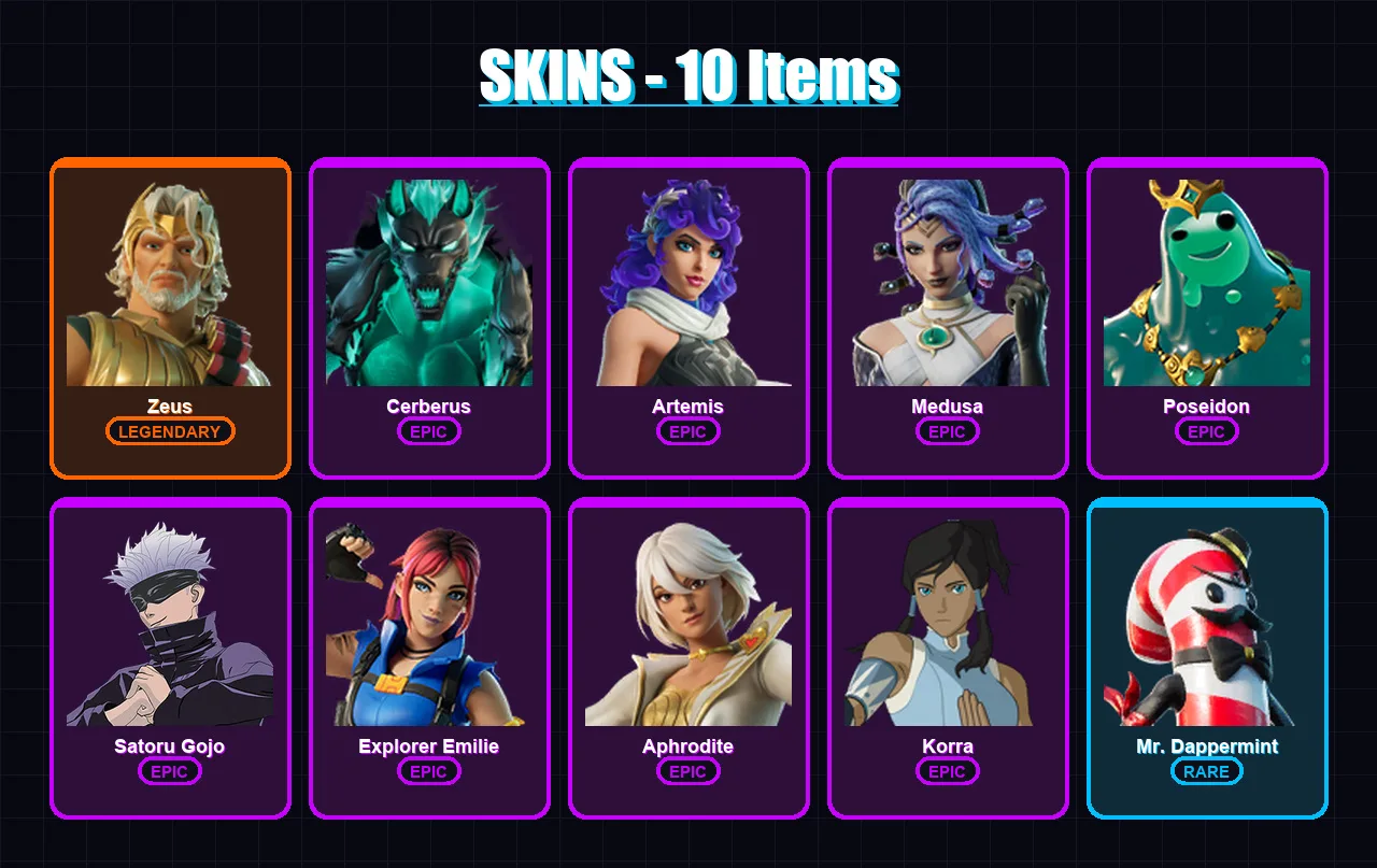 [PC] | Zeus | Cerberus | Artemis | Medusa | Poseidon | 10 skin | 22 pickaxe | 13 emote | 18 glider | Lv156