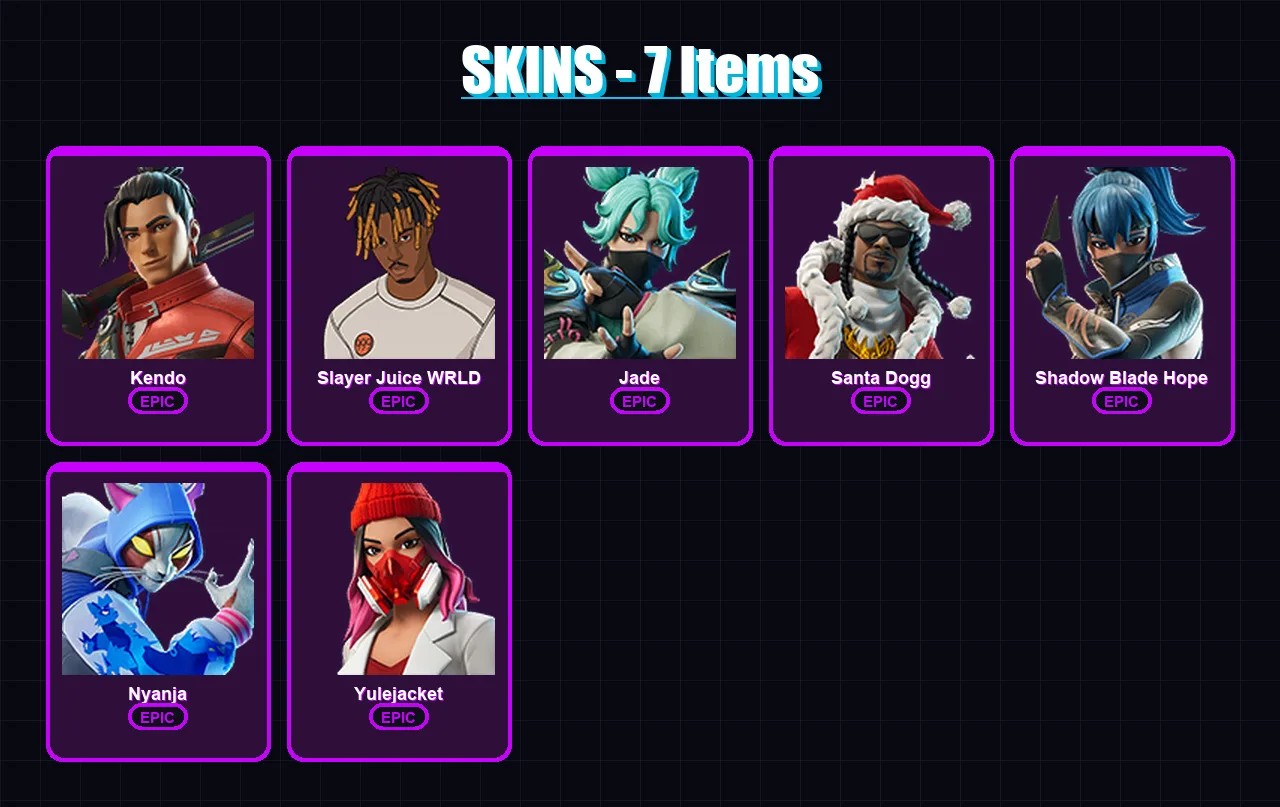 [PC/XBOX/PSN] | Kendo | Slayer Juice WRLD | Jade | Santa Dogg | Shadow Blade Hope | 7 skin | 14 pickaxe | 8 emote | 12 glider | Lv71