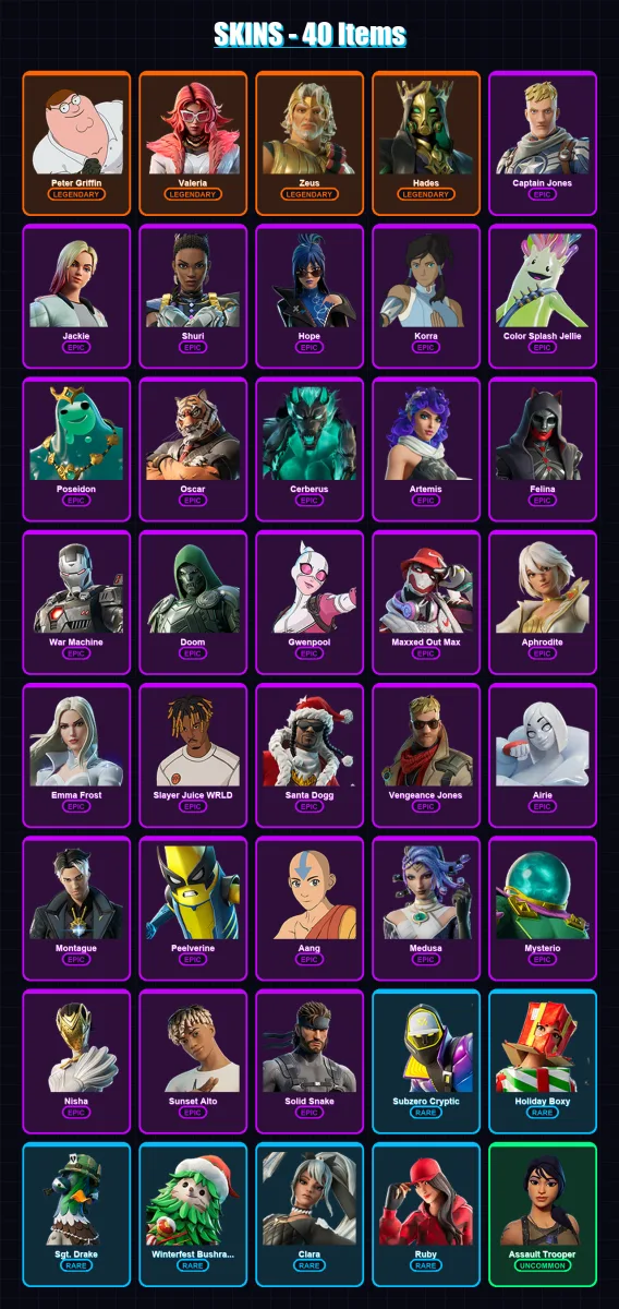 [PS4/PS5/XBOX/PC] | Peter Griffin | Valeria | Zeus | Hades | Captain Jones | 40 skin | 60 pickaxe | 58 emote | 44 glider | Lv739