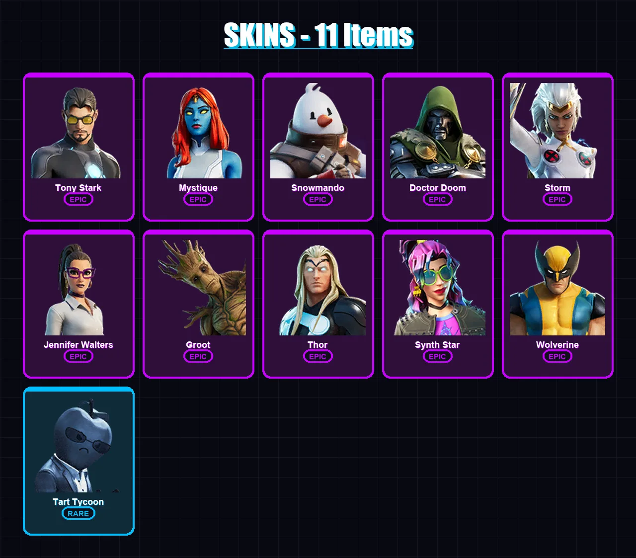 [PC/XBOX/PSN] | Tony Stark | Mystique | Snowmando | Doctor Doom | Storm | 11 skin | 18 pickaxe | 10 emote | 18 glider | Lv352