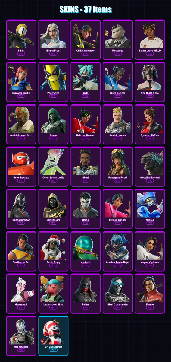 [PC/PSN] | 1-Ball | Emma Frost | Chill Challenger | Meowdas | Slayer Juice WRLD | 37 skin | 49 pickaxe | 38 emote | 35 glider | Lv720