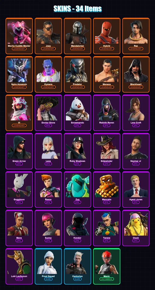 [PC/XBOX/PSN] | Mecha Cuddle Master | Joey | Mandalorian | Hybrid | Raz | 34 skin | 36 pickaxe | 33 emote | 33 glider | Lv467