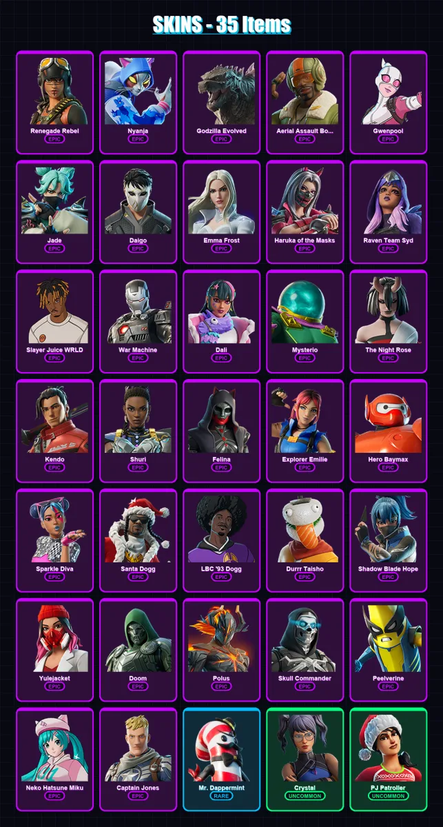 [PC/XBOX/PSN] | Renegade Rebel | Nyanja | Godzilla Evolved | Aerial Assault Bomber | Gwenpool | 35 skin | 54 pickaxe | 36 emote | 32 glider | Lv647
