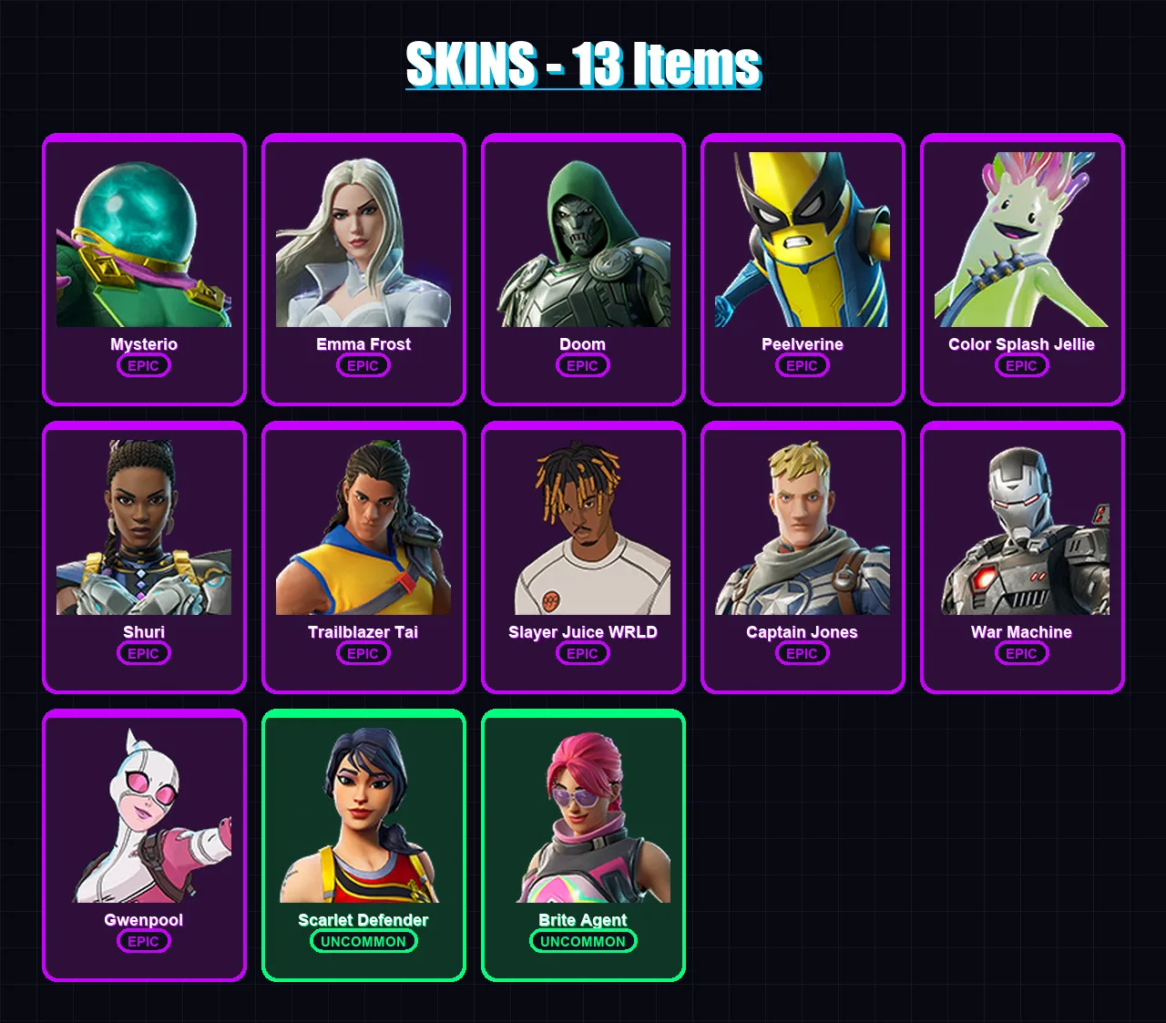 [SWITCH/XBOX/PSN/PC] | Mysterio | Emma Frost | Doom | Peelverine | Color Splash Jellie | 13 skin | 42 pickaxe | 29 emote | 30 glider | Lv661