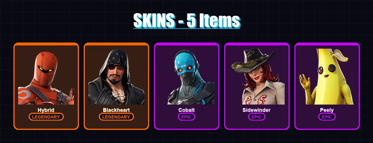 [PS4/PS5/XBOX/PC] | Hybrid | Blackheart | Cobalt | Sidewinder | Peely | 5 skin | 5 pickaxe | 7 emote | 8 glider | Lv62