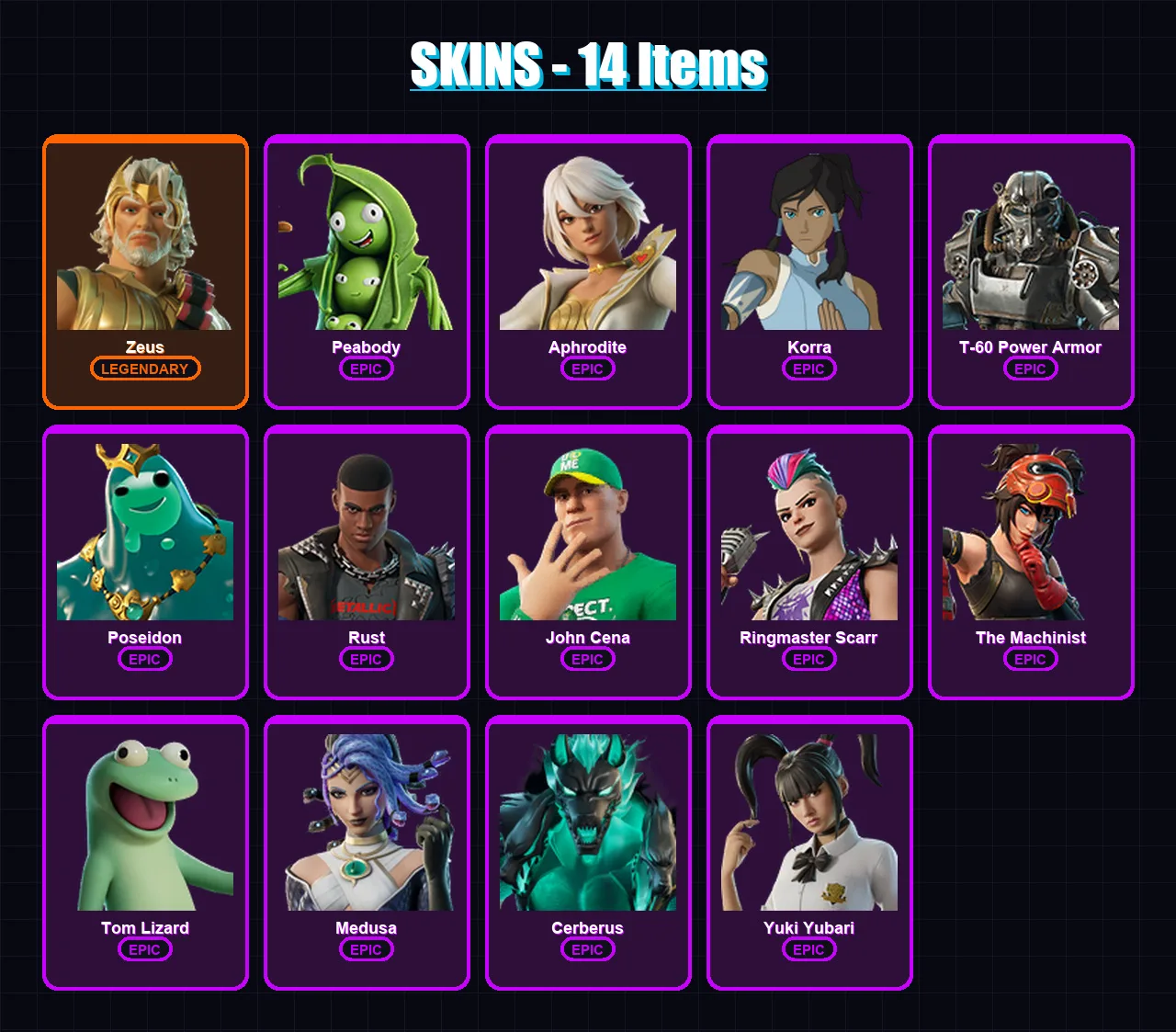 [PC/PSN] | Zeus | Peabody | Aphrodite | Korra | T-60 Power Armor | 14 skin | 49 pickaxe | 37 emote | 38 glider | Lv499