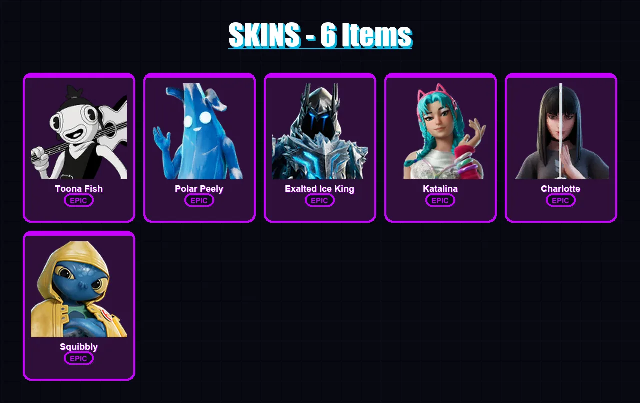 [PS4/PS5/XBOX/PC] | Toona Fish | Polar Peely | Exalted Ice King | Katalina | Charlotte | 6 skin | 22 pickaxe | 15 emote | 20 glider | Lv392