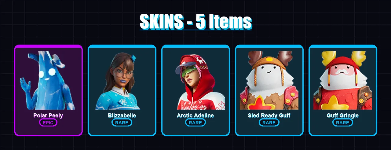 [PC/PSN] | Polar Peely | Blizzabelle | Arctic Adeline | Sled Ready Guff | Guff Gringle | 5 skin | 9 pickaxe | 7 emote | 8 glider | Lv53