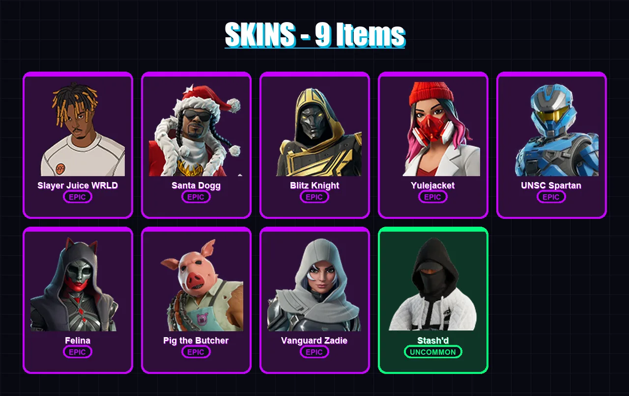 [PC/XBOX/PSN] | Slayer Juice WRLD | Santa Dogg | Blitz Knight | Yulejacket | UNSC Spartan | 9 skin | 70 pickaxe | 27 emote | 35 glider | Lv1622