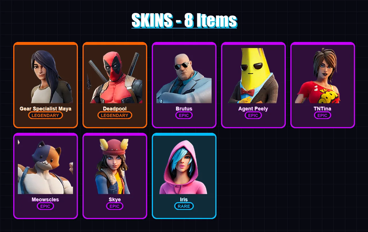 [PS4/PS5/XBOX/PC] | Gear Specialist Maya | Deadpool | Brutus | Agent Peely | TNTina | 8 skin | 9 pickaxe | 10 emote | 12 glider | Lv136