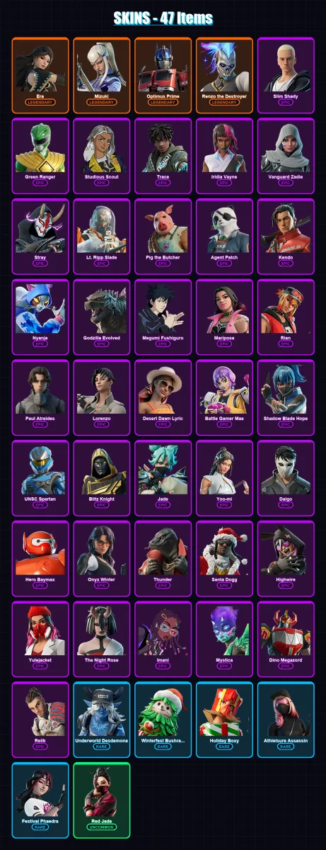 [PC/XBOX/PSN] | Era | Mizuki | Optimus Prime | Renzo the Destroyer | Slim Shady | 47 skin | 92 pickaxe | 67 emote | 69 glider | Lv1119