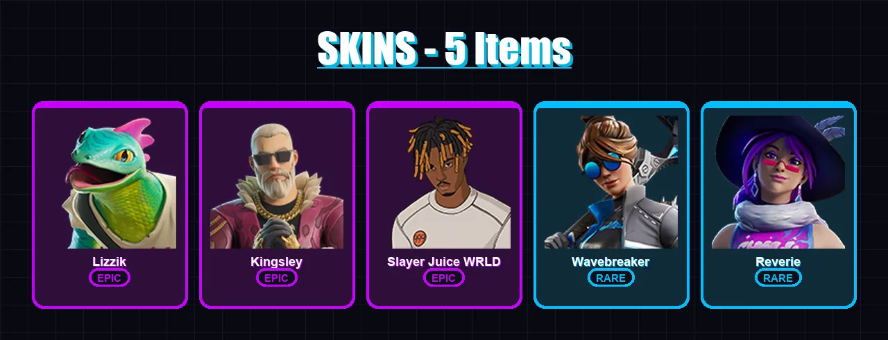 [PS4/PS5/XBOX/PC] | Lizzik | Kingsley | Slayer Juice WRLD | Wavebreaker | Reverie | 5 skin | 20 pickaxe | 19 emote | 13 glider | Lv208