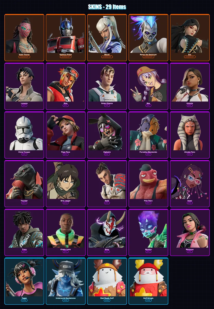 [PC/XBOX/PSN] | Kado Thorne | Optimus Prime | Mizuki | Renzo the Destroyer | Era | 29 skin | 33 pickaxe | 31 emote | 34 glider | Lv412