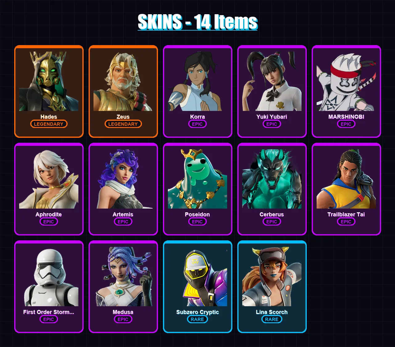 [PS4/PS5/PC] | Hades | Zeus | Korra | Yuki Yubari | MARSHINOBI | 14 skin | 37 pickaxe | 21 emote | 29 glider | Lv407 — Fortnite account