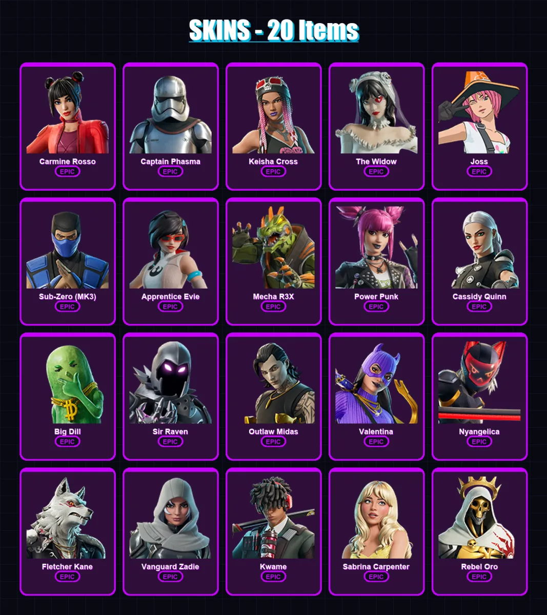 [PC/PSN] | Carmine Rosso | Captain Phasma | Keisha Cross | The Widow | Joss | 20 skin | 34 pickaxe | 25 emote | 23 glider | Lv184