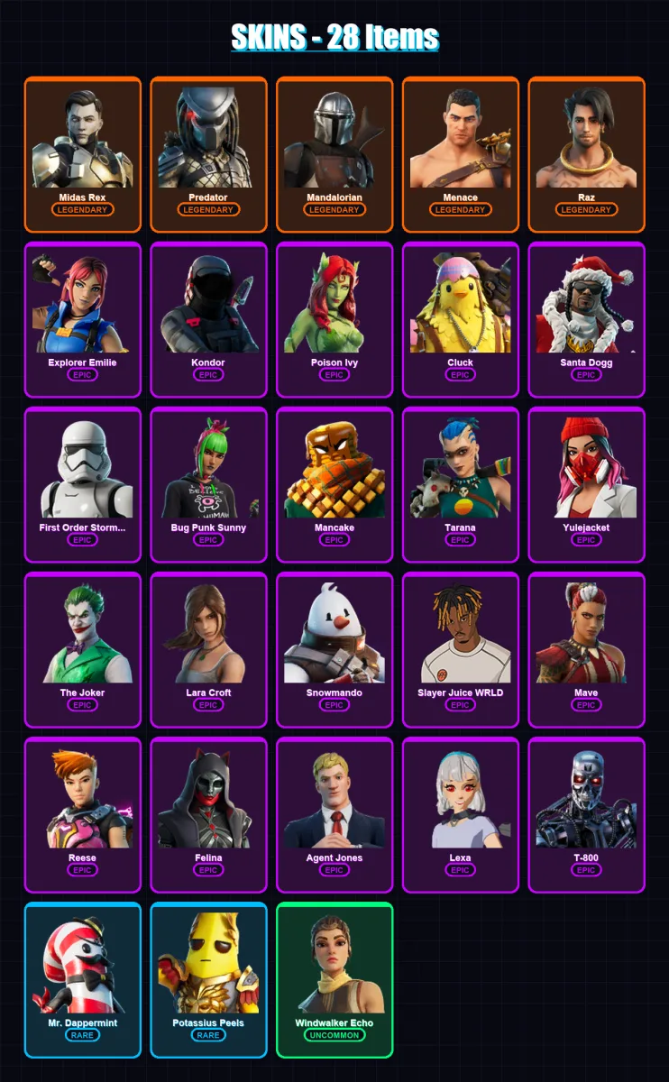 [PC] | Midas Rex | Predator | Mandalorian | Menace | Raz | 28 skin | 58 pickaxe | 31 emote | 36 glider | Lv664