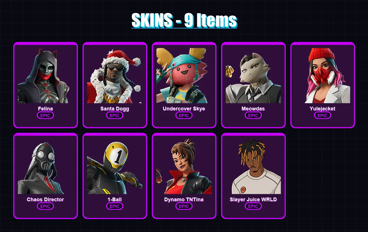 [PC/XBOX/PSN] | Felina | Santa Dogg | Undercover Skye | Meowdas | Yulejacket | 9 skin | 31 pickaxe | 15 emote | 20 glider | Lv419