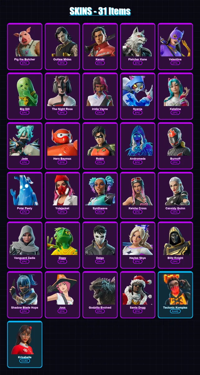 [PC/PSN] | Pig the Butcher | Outlaw Midas | Kendo | Fletcher Kane | Valentina | 31 skin | 72 pickaxe | 43 emote | 54 glider | Lv742