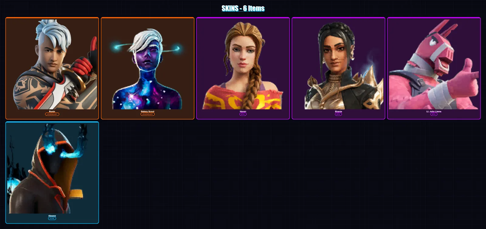 [PC/XBOX/PSN] | Ronin | Galaxy Scout | Haven | Shanta | Lt. John Llama | 6 skin | 7 pickaxe | 9 emote | 7 glider | Lv60
