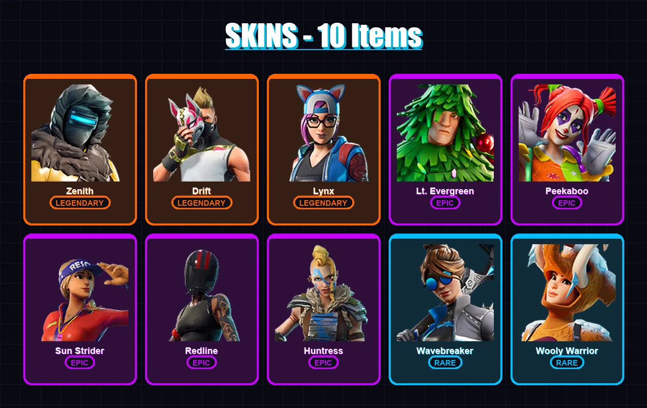 [SWITCH/XBOX/PSN/PC] | Zenith | Drift | Lynx | Lt. Evergreen | Peekaboo | 10 skin | 14 pickaxe | 16 emote | 15 glider | Lv174