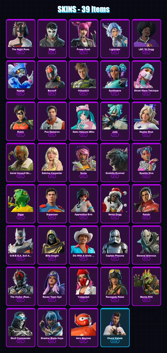 [PC/XBOX/PSN] | The Night Rose | Daigo | Power Punk | Lightrider | LBC '93 Dogg | 39 skin | 77 pickaxe | 51 emote | 56 glider | Lv681 — Fortnite account