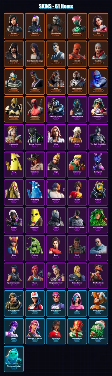 [PC/XBOX/PSN] | Sorana | Catalyst | Mandalorian | Singularity | Rox | 61 skin | 63 pickaxe | 61 emote | 76 glider | Lv938