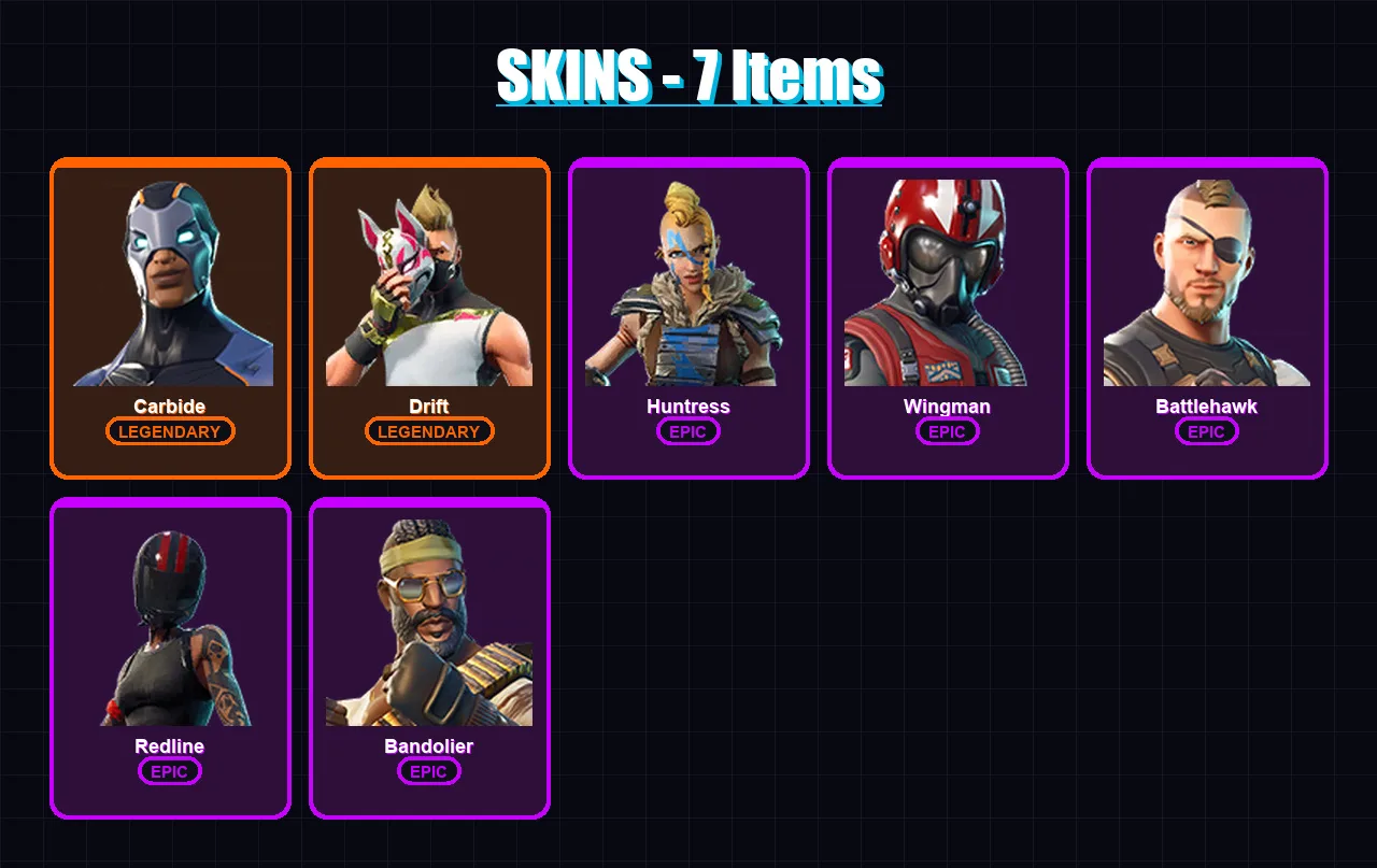 [PC/XBOX/PSN] | Carbide | Drift | Huntress | Wingman | Battlehawk | 7 skin | 5 pickaxe | 5 emote | 5 glider | Lv78